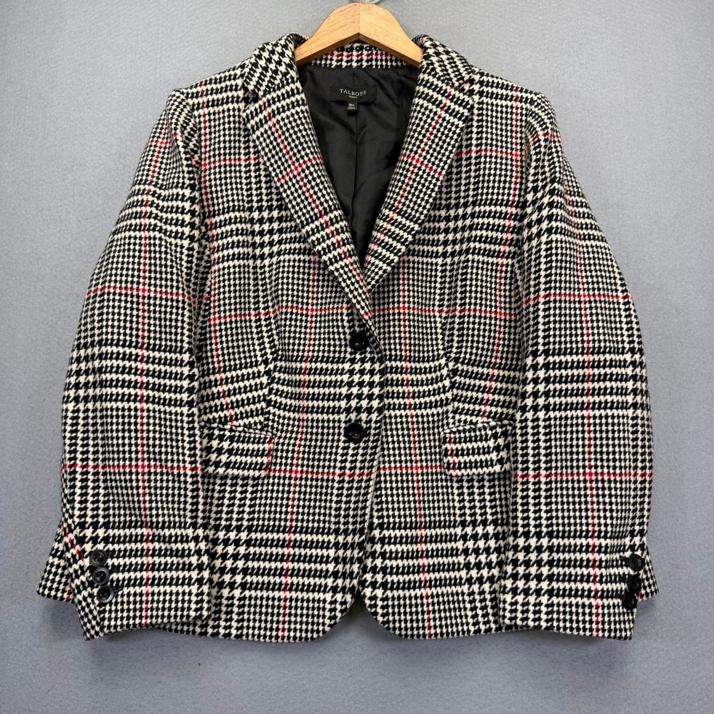 Talbots Woman Houndstooth Wool Blend Blazer Black White Red Plaid 18W PH200